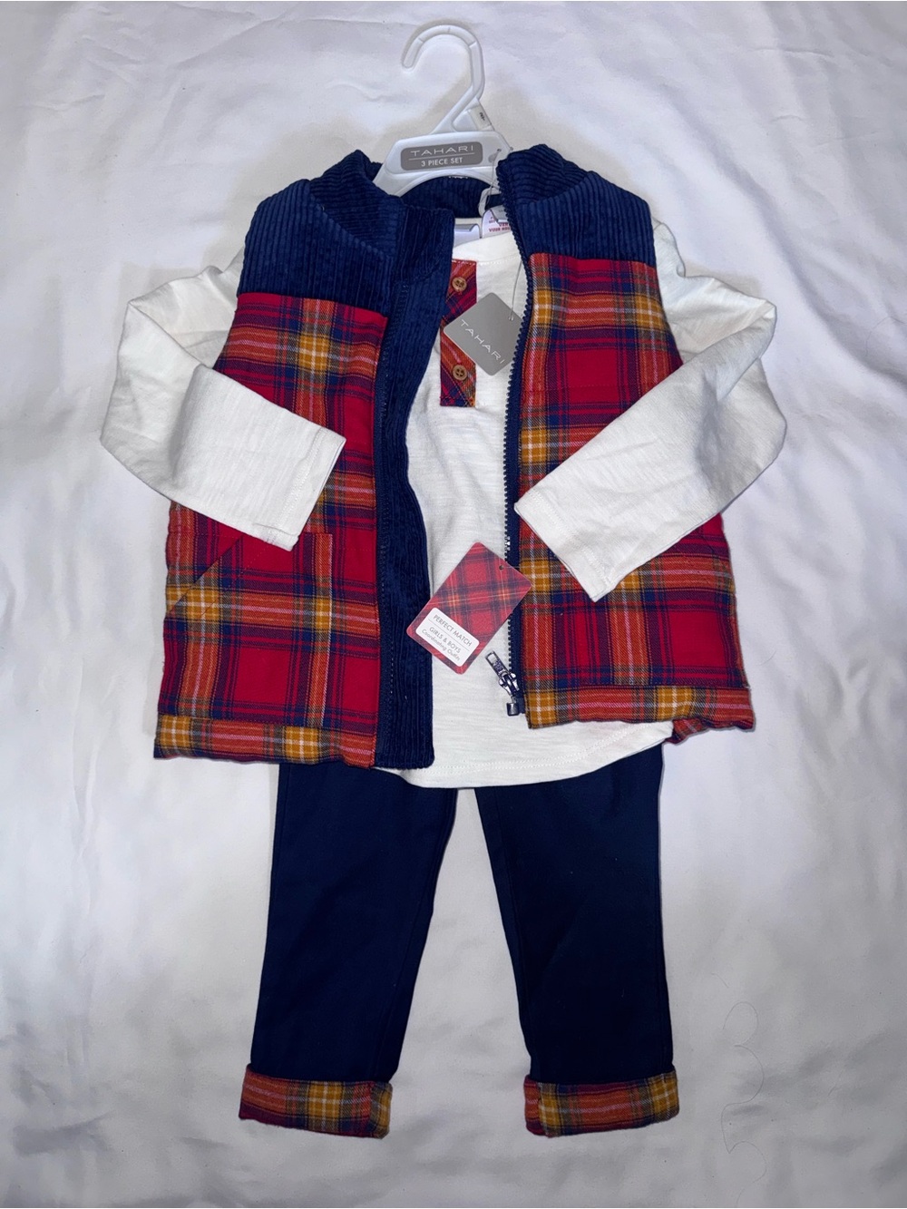 Tahari size 2t Red & blue Plaid Vest with Cream Top and pants 3 piece outfit NWT